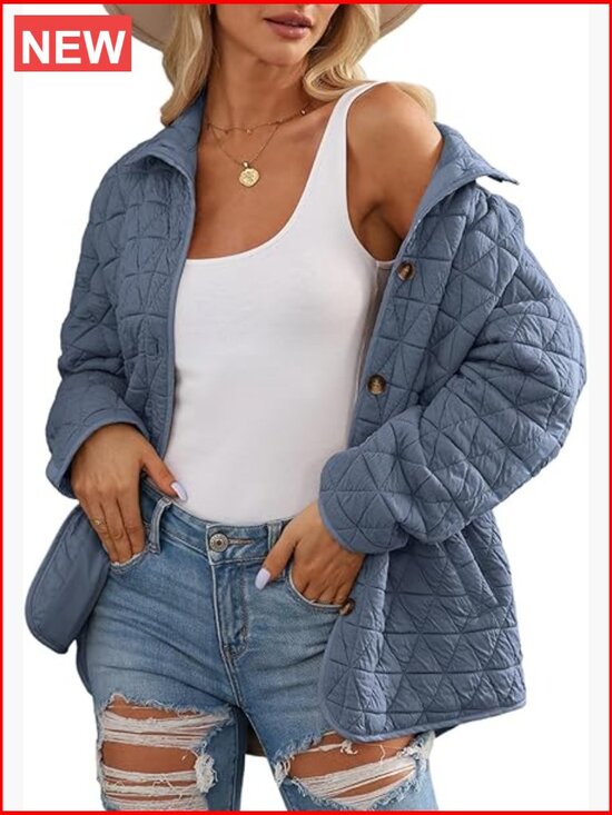 Jackets & Blazers - Lightweight Diamond Quilted Jacket Casual Winter Open Front Button Down Puffer